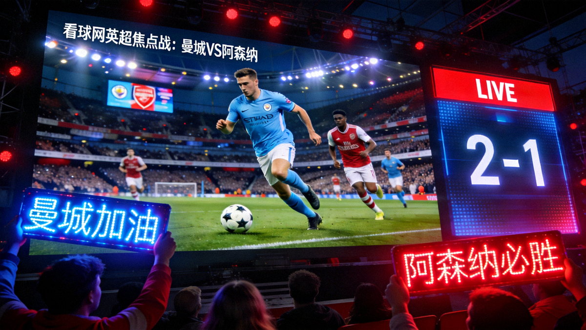 看球网英超焦点战曼城对阵阿森纳的巨幕直播画面