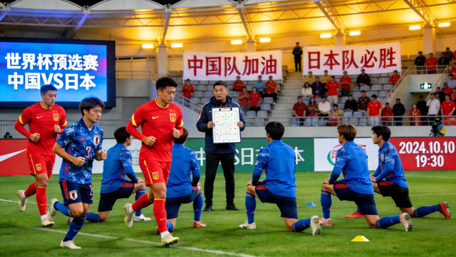 世界杯预选赛中国队对阵日本队的赛前画面
